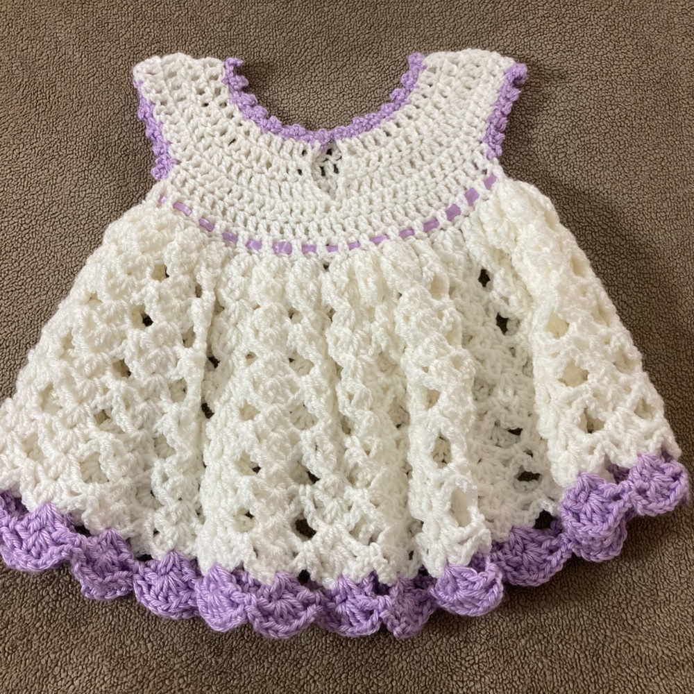 Handmade White Crochet Baby Dress with Lavender Trim